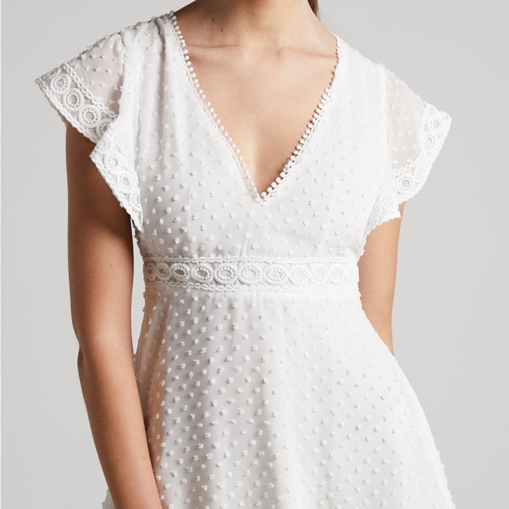 SHOWPO || ONCE UPON A DAYDREAM MINI DRESS - V NECK LACE TRIM DRESS IN WHITE